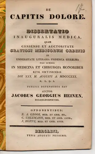 Heinen, Jacob Georg: aus Düsseldorf: De capitis dolore (Über Kopfschmerzen). Dissertation. 