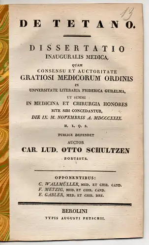 Schultzen, Carl Ludwig Otto: De tetano. Dissertation. 