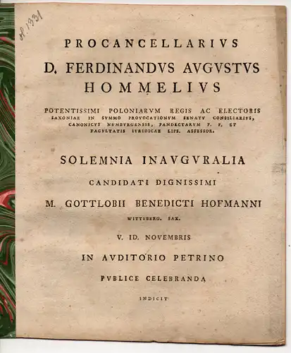 Hommel, Ferdinand August: Promotionsankündigung von Gottlob Benedikt Hofmann aus Wittenberg. 