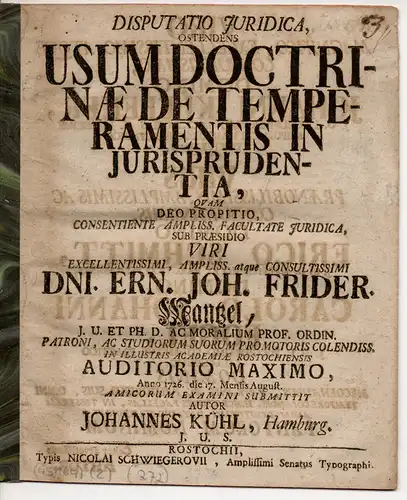 Kühl, Johannes: aus Hamburg: Juristische Disputation. Usus doctrinae de temperamentis in jurisprudentia. 