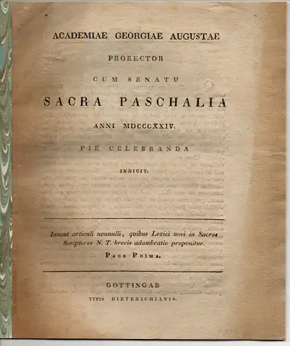 (Planck, Heinrich): Articuli nonnulli, quibus Lexici novi in Sacros Scriptores N. T. brevis adumbratio proponitur : Pars prima. Universitätsschrift zu Ostern 1824. 