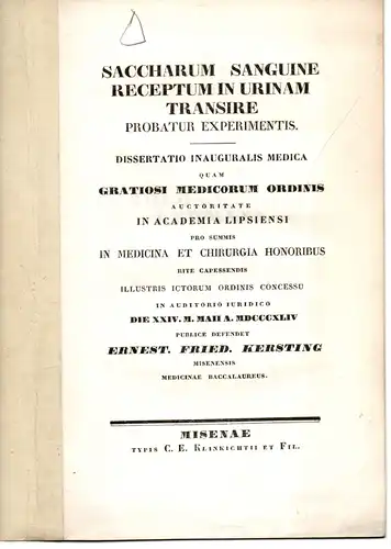 Kersting, Ernst Friedrich: Saccharum sanguine receptum in urinam transire probatur experimentis. Dissertation. 