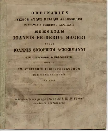 (Günther, Karl Friedrich): Observationes pragmaticae ad l. 32 D. Locati conducti pertinentes. Gedenkschrift für Johann Friedrich Mager und Johann Siegfried Ackermann. 