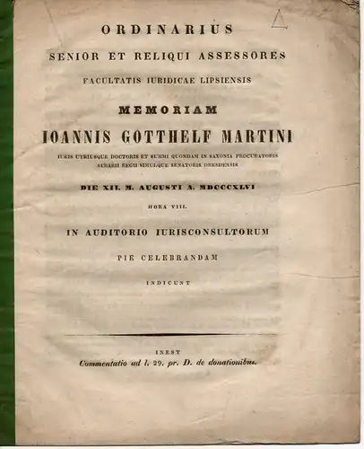 (Günther, Karl Friedrich): Commentatio ad l. 29. pr. D. de donationibus. Gedenkschrift für Johann Gotthelf Martini. 