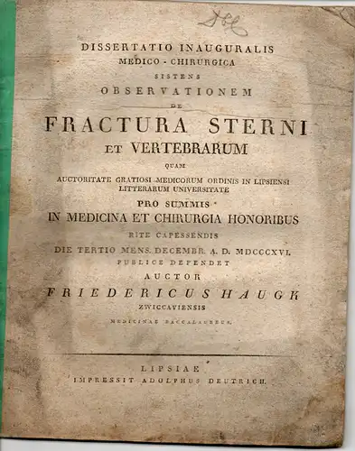 Haugk, Friedrich: aus Zwickau: De fractura sterni et vertebratum. Dissertation. 