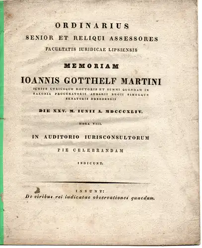 De viribus rei iudicatae observationes quaedam. Gedenkschrift für Johann Gotthelf Martini. 