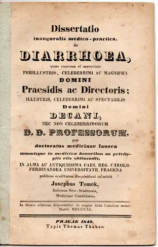 Tomek, Joseph: De diarrhoea. Dissertation. 