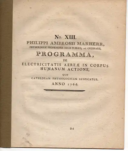 Marherr, Philipp Ambrosius: De electricitatis aereae in corpus humanum actione. 1766.  Ausgebunden aus: Joseph Thaddäus Klinkosch: Dissertationes medicae selectiores Pragenses. 