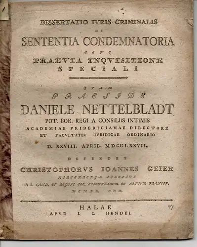 Geier, Christoph Johann: aus Hirschberg: Juristische Dissertation. de sententia condemnatoria sine praevia inquisitione speciali. 