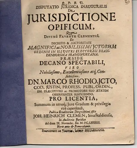 Clemen, Johann Heinrich: aus Schmalkalden: Juristische Inaugural-Disputation. De iurisdictione opificum. 