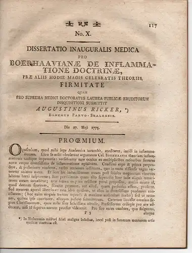 Ricker, Augustin: Boerhavinae de inflammatione doctrinae. Dissertaton 1775. Ausgebunden aus: Joseph Thaddäus Klinkosch: Dissertationes medicae selectiores Pragenses Vol 2. 