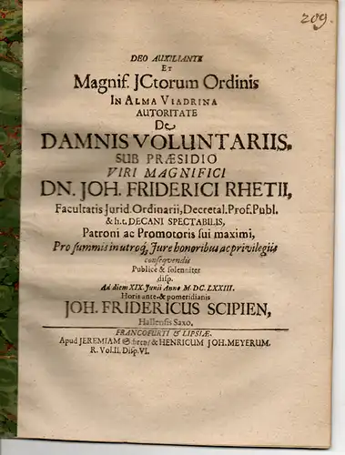 Scipien, Johann Friedrich: aus Halle: Juristische Dissertation. De damnis voluntariis. 