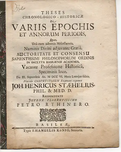 Ryhiner, Peter: Theses Chronologico-Historicae De Variis Epochis Et Annorum Periodis. 