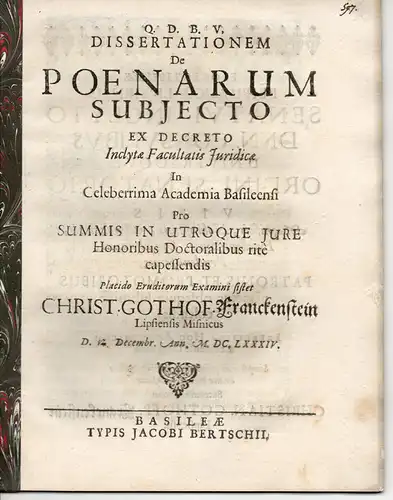 Franckenstein, Christian Gottfried: aus Leipzig: Juristische Dissertation. De poenarum subjecto. 