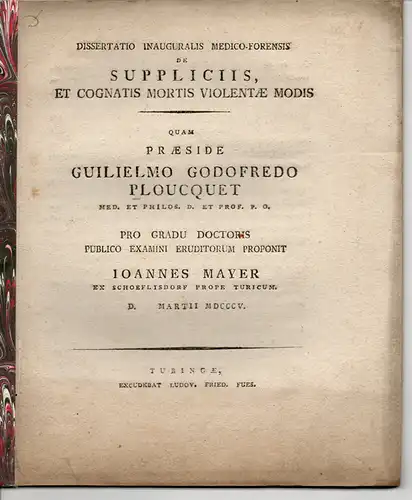 Mayer, Johann: De suppliciis, et cognatis mortis violentae modis (Über Hinrichtungen und ähnliche gewaltsame Todesarten). Dissertation. 