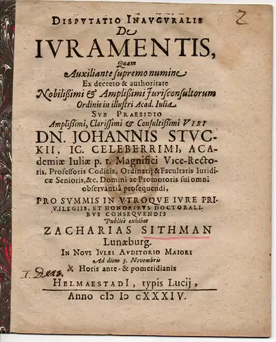 Sithman (Sithmann), Zacharias: Lüneburg: Juristische Inaugural-Disputation. De iuramentis. 