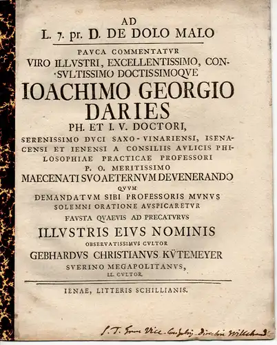 Kütemeyer, Gebhard Christian: aus Schwerin: Juristische Abhandlung. Ad leg. 7. pr. Dig. de dolo malo (Über Vorsatz). 