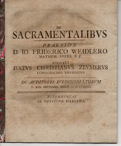 Zeumer, Justus Christian: aus Langensalza: De sacramentalibus. 