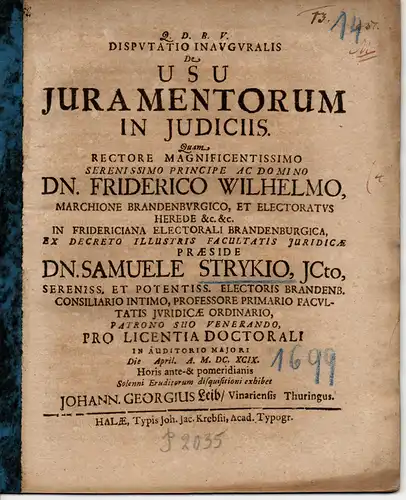 Leib, Johann Georg: aus Weimar: Juristische Inaugural-Disputation. De usu iuramentorum in iudiciis. 