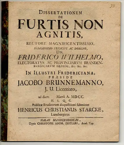 Starcke, Heinrich Christian: aus Lüneburg: Juristische Dissertation. De furtis non agnitis. 