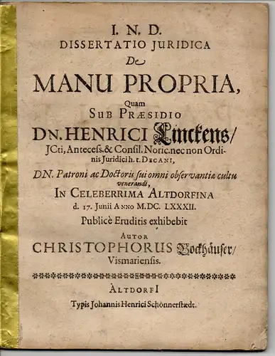 Bockhäuser, Christoph: aus Wismar: Juristische Dissertation. De manu propria. 