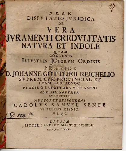 Senff, Carl Samuel: aus Stolpe: Juristische Disputation. De vera iuramenti credulitatis natura et indole. 