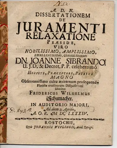 Schumacher, Friedrich Wilhelm: Juristische Dissertation. De iuramenti relaxatione. 