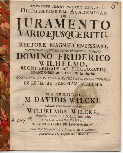 Wilcke, Wilhelm: aus Memel: Akademische Disputation. De Juramento Vario Ejusque Ritu. 