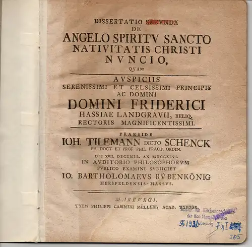 Rübenkönig, Johann Bartholomäus: aus Hersfeld: Theologische Dissertation. de angelo spiritu sancti nativitatis Christi nuncio. 