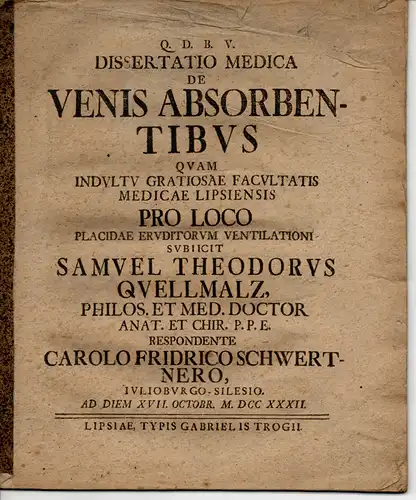 Schwertner, Carl Friedrich: aus Juliusburg: Medizinische Dissertation. De Venis absorbentibus. 