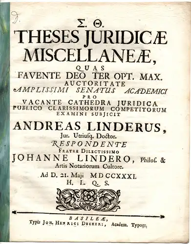 Linder, Johannes: Theses juridicae miscellaneae. 