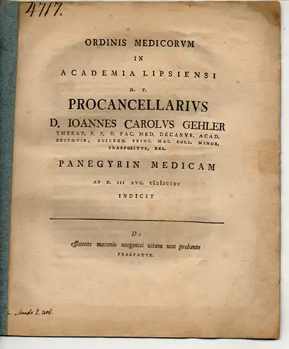 Schaeffer, Johann Adam Matthias: aus Pommersfelden: Medizinische Dissertation. De mercurialibus quibusdam pharmacis eorumque praecipuis virtutibus. Beigefügt: Johann Karl Gehler: De effluente meconio neogeniti vitam non.. 