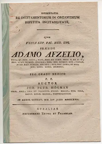 Högmann, Johann Peter: De Incitamentorum In Organismum Repetita Incitabilitate. Dissertation. 