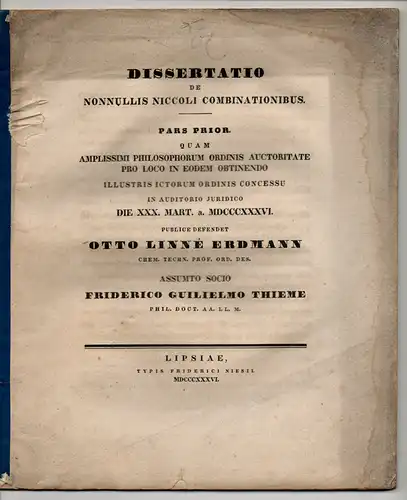 Erdmann, Otto Linné: De nonnullis Niccoli combinationibus, Pars 1 + 2. Habilitationsschrift. 