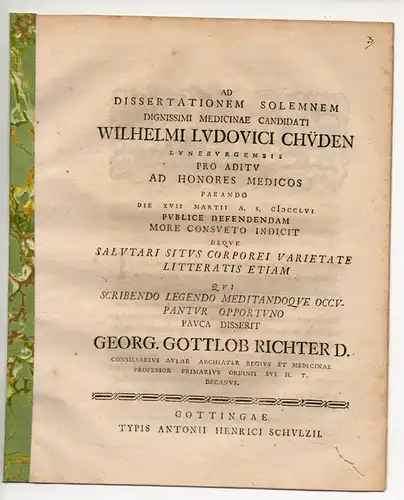 Richter, Georg Gottlob: Salutari situs corporei varietate litteratis etiam. Promotionsankündigung von Wilhelm Ludwig Chüden aus Lüneburg. 