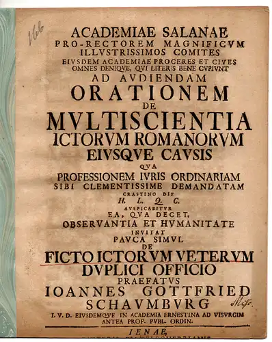 Schaumburg, Johann Gottfried: De multiscientia ICtorum Romanorum eiusque causis. Antrittsvorlesung. 