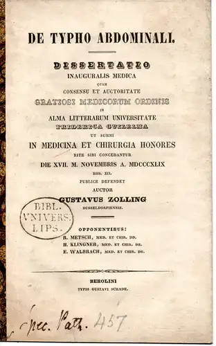 Zolling, Gustav: aus Düsseldorf: De typho abdominali. Dissertation. 