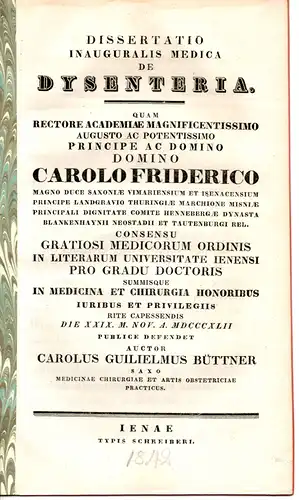 Büttner, Carl Wilhelm: De dysenteria. Dissertation. 