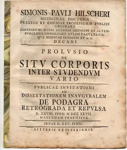 Hilscher, Simon Paul: Prolusio de situ corporis inter studendum vario. Promotionsankündigung von Johann Nicolaus Frisch. 