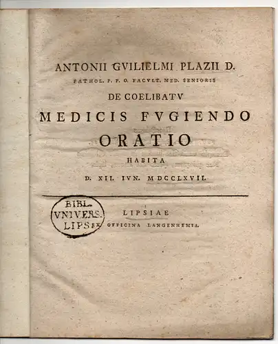 Plaz, Anton Wilhelm: De coelibatu medicis fugiendo. Promotionsankündigung von Gustav Detlev Bretting aus Hamburg. 