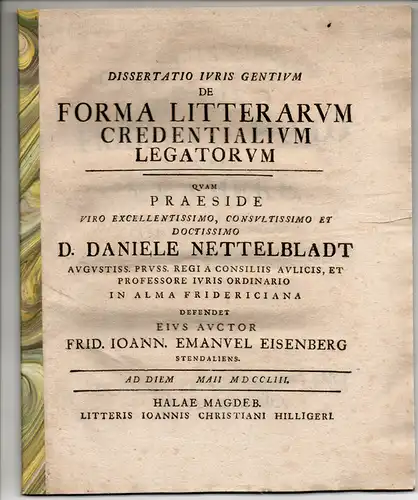 Eisenberg, Friedrich Johann Emanuel: aus Stendal: Juristische Dissertation. De forma litterarum credentialium legatorum. 