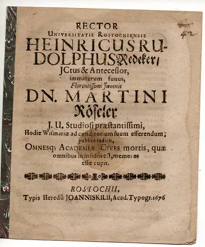 Redecker, Heinrich Rudolph: Nachruf auf Martin Röseler aus Wismar. 