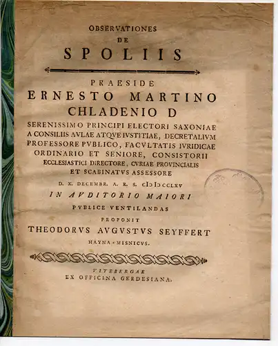 Seyffert, Theodor August: aus Großenhain: Observationes de spoliis. 