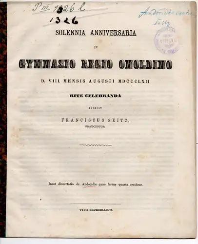 Seitz, Franz: Dissertatio de Andocidis quae fertur quarta oratione. Schulprogramm für das Gymnasium Ansbach. 