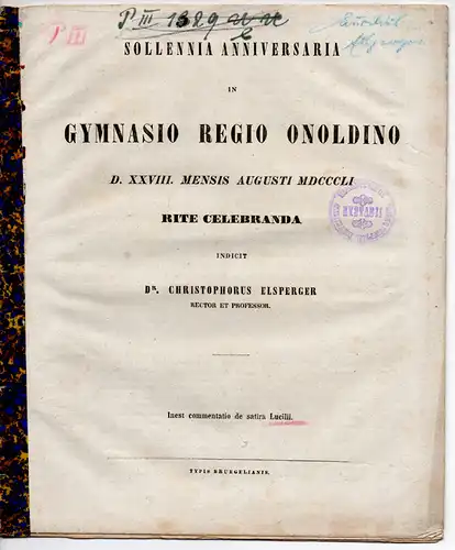 Elsperger, Christoph Stephan Gottlieb: Commentatio de satira Lucilii. Schulprogramm für das Gymnasium Ansbach. 