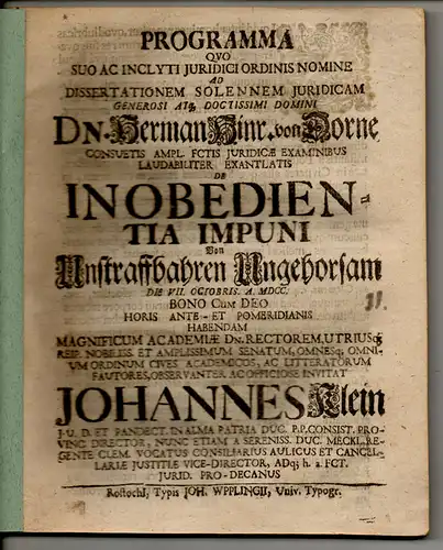 Dorne, Hermann Hinrich von: Juristische Dissertation. De inobedientia impuni = Vom Unstraffbahrem Ungehorsam. 