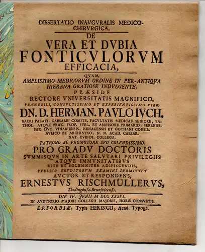 Rischmüller, Ernst: aus Thedinghausen: Dissertatio Inauguralis Medico-Chirurgica, De Vera Et Dubia Fonticulorum Efficacia (Wahres und Zweifelhaftes über Aderlassen). 