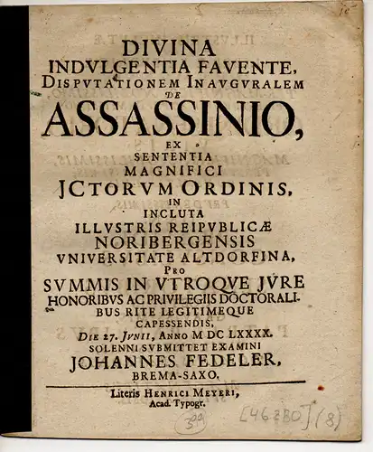 Fedeler, Johannes: aus Bremen: Juristische Inaugural-Disputation. De assassinio (Über Auftragsmord). 