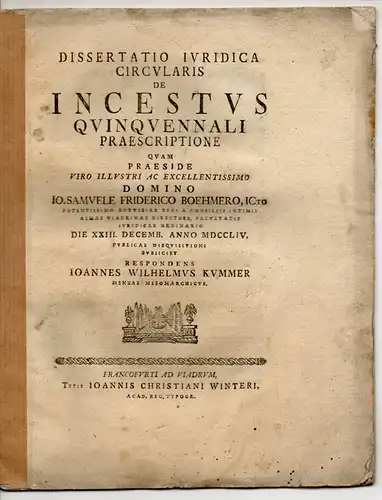Kummer, Johann Wilhelm: Juristische Dissertation. De incestus quinquennali praescriptione. 