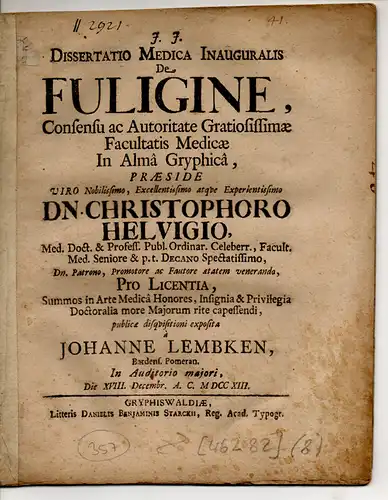 Lembken (Lembke), Johann: Medizinische Inaugural-Dissertation. De Fuligine (Über Ruß). 